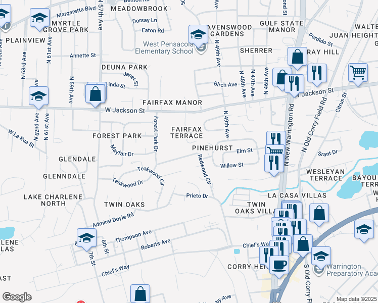 map of restaurants, bars, coffee shops, grocery stores, and more near 24 Redwood Circle in Pensacola