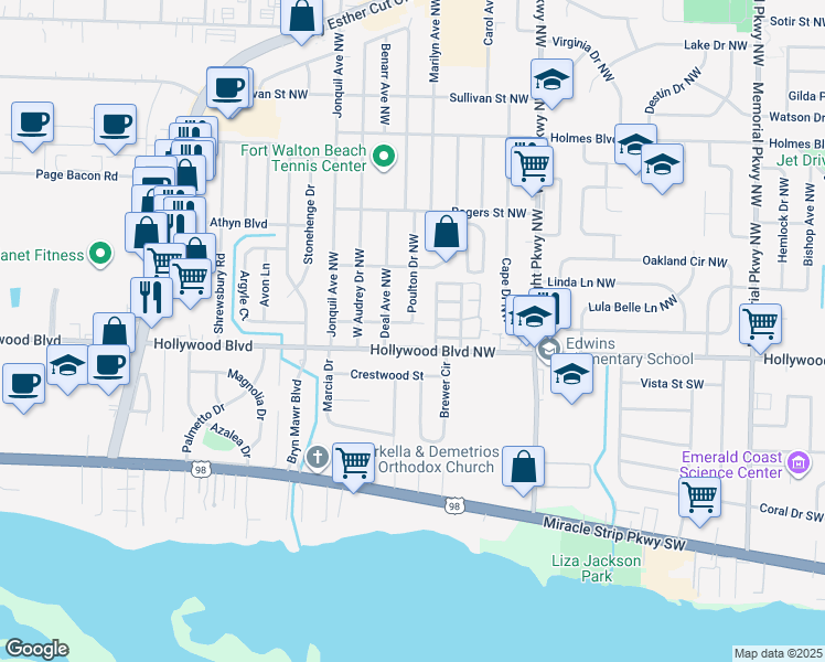 map of restaurants, bars, coffee shops, grocery stores, and more near 9 Poulton Drive Northwest in Fort Walton Beach