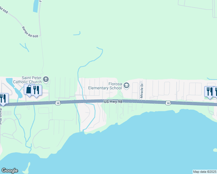 map of restaurants, bars, coffee shops, grocery stores, and more near 487 Spring Brook Lane in Mary Esther