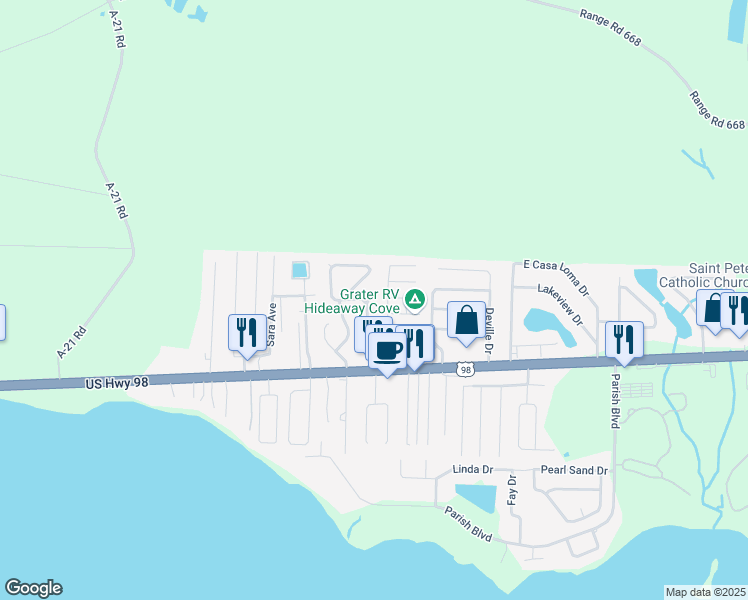 map of restaurants, bars, coffee shops, grocery stores, and more near 1020 Quail Hollow Drive in Mary Esther