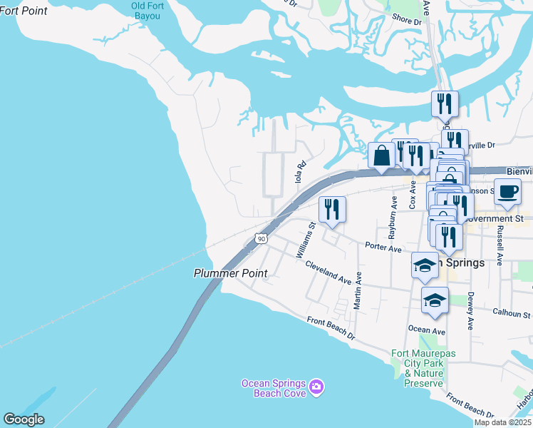map of restaurants, bars, coffee shops, grocery stores, and more near 406 Lovers Lane in Ocean Springs