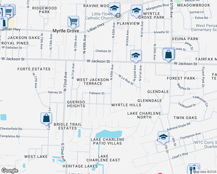 map of restaurants, bars, coffee shops, grocery stores, and more near 6720 Malvern Street in Pensacola