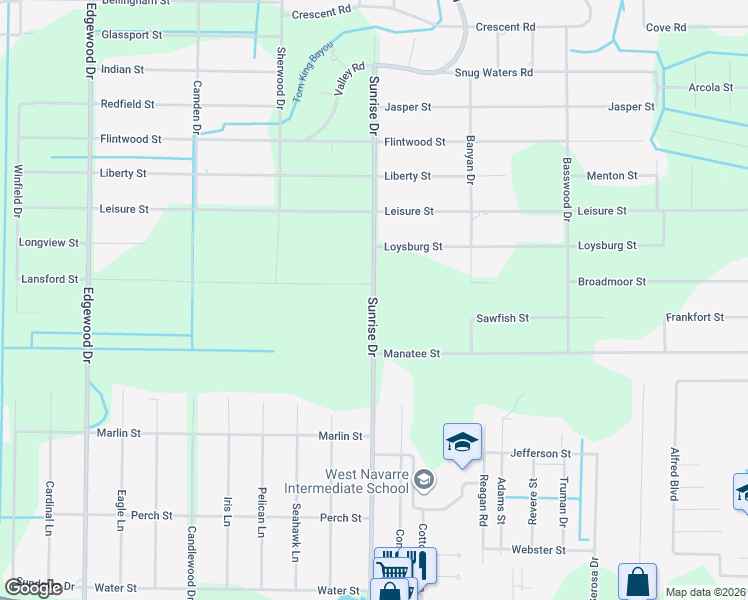 map of restaurants, bars, coffee shops, grocery stores, and more near Sunrise Drive in Navarre