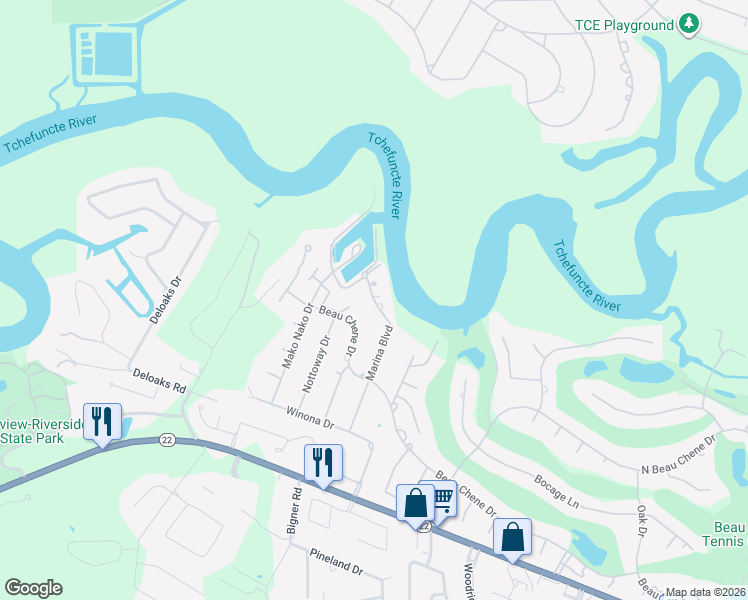 map of restaurants, bars, coffee shops, grocery stores, and more near 354 Marina Boulevard in Mandeville