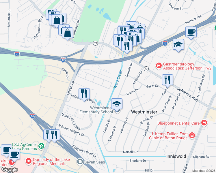 map of restaurants, bars, coffee shops, grocery stores, and more near 36 Jamestowne Court in Baton Rouge