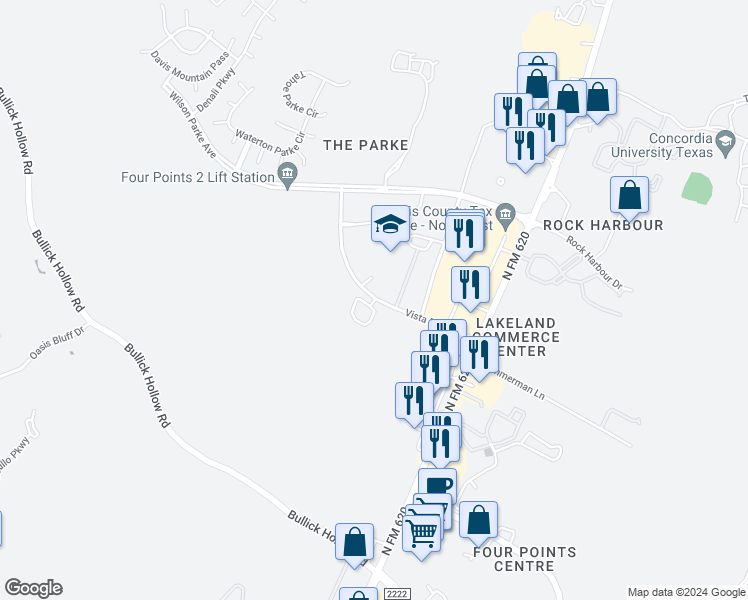 map of restaurants, bars, coffee shops, grocery stores, and more near 12001 Vista Parke Drive in Austin