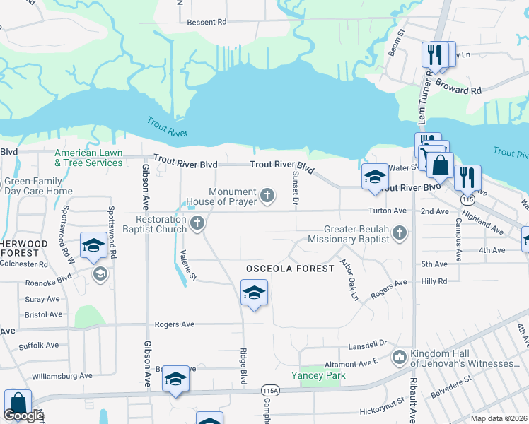 map of restaurants, bars, coffee shops, grocery stores, and more near 3656 Turton Avenue in Jacksonville