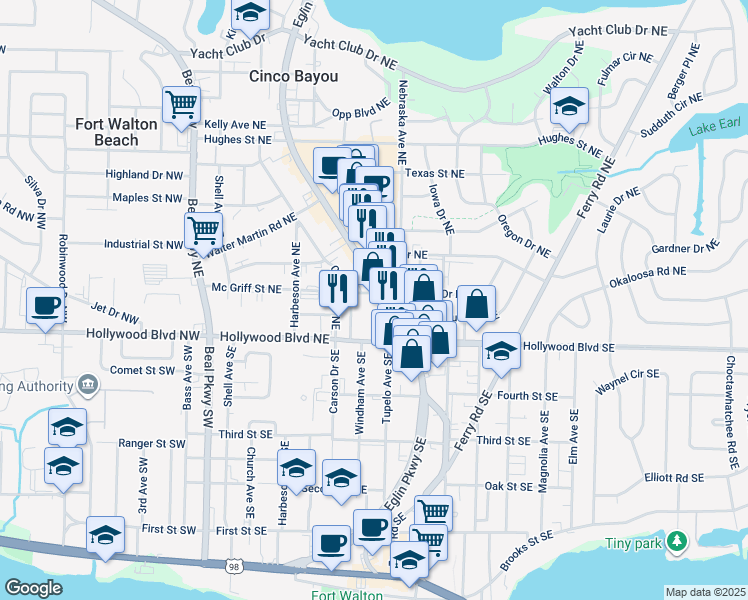 map of restaurants, bars, coffee shops, grocery stores, and more near 36 Eglin Parkway Northeast in Fort Walton Beach