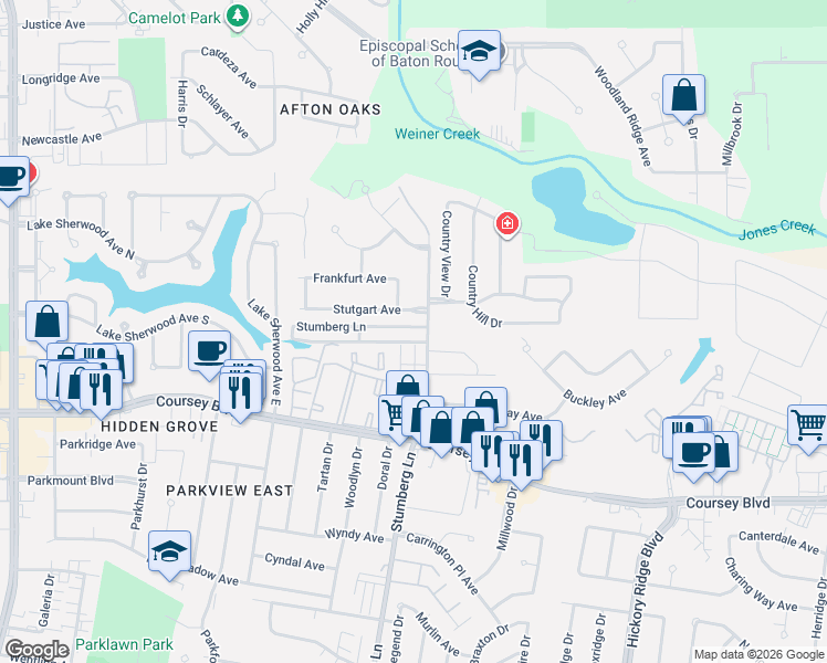 map of restaurants, bars, coffee shops, grocery stores, and more near 4134 Stumberg Lane in Baton Rouge