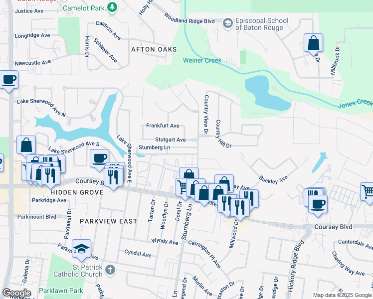 map of restaurants, bars, coffee shops, grocery stores, and more near 4134 Stumberg Lane in Baton Rouge