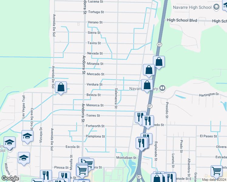 map of restaurants, bars, coffee shops, grocery stores, and more near 2193 Salamanca Street in Navarre