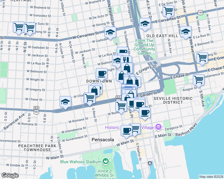 map of restaurants, bars, coffee shops, grocery stores, and more near 101 West Chase Street in Pensacola