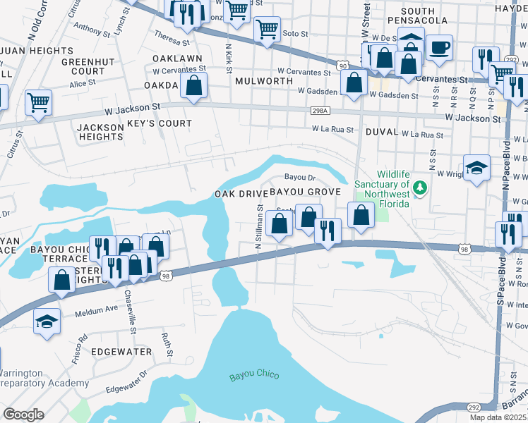 map of restaurants, bars, coffee shops, grocery stores, and more near 170 North Stillman Street in Pensacola