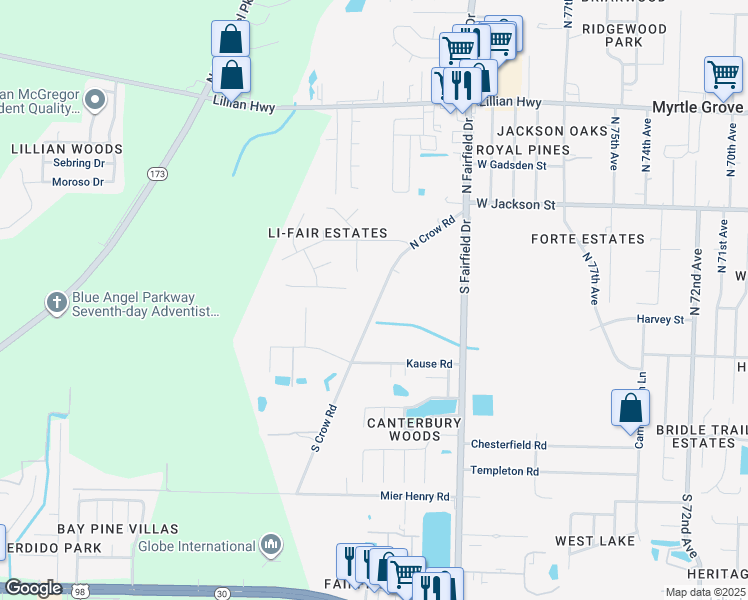 map of restaurants, bars, coffee shops, grocery stores, and more near 155 North Crow Road in Pensacola