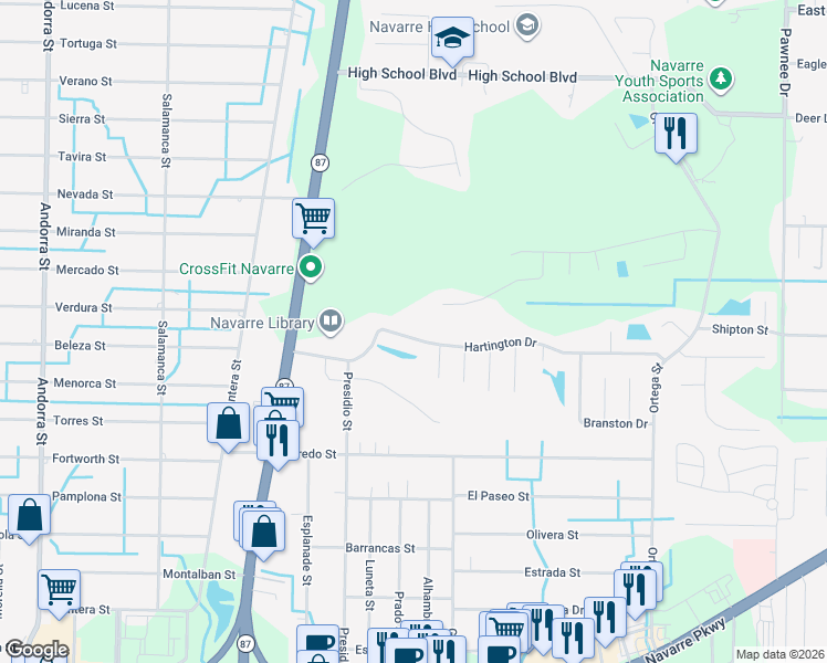 map of restaurants, bars, coffee shops, grocery stores, and more near 8088 Hartington Drive in Navarre