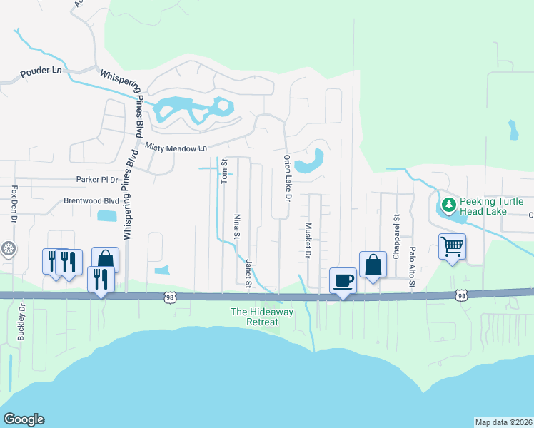 map of restaurants, bars, coffee shops, grocery stores, and more near 2221 Kerra Lane in Navarre