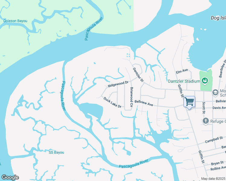 map of restaurants, bars, coffee shops, grocery stores, and more near 2425 Pintail Lane in Moss Point
