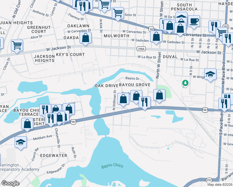 map of restaurants, bars, coffee shops, grocery stores, and more near 170 North Stillman Street in Pensacola