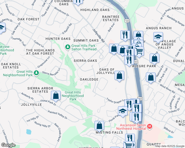 map of restaurants, bars, coffee shops, grocery stores, and more near 11318 Taylor Draper Lane in Austin
