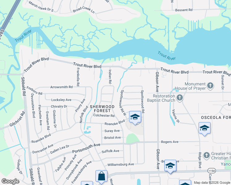 map of restaurants, bars, coffee shops, grocery stores, and more near 9756 Waynesboro Avenue in Jacksonville