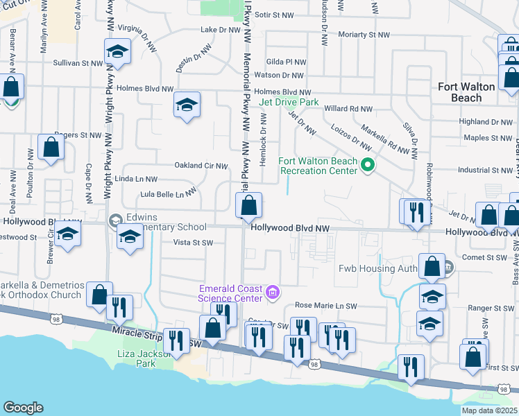 map of restaurants, bars, coffee shops, grocery stores, and more near 243 Hollywood Boulevard Northwest in Fort Walton Beach