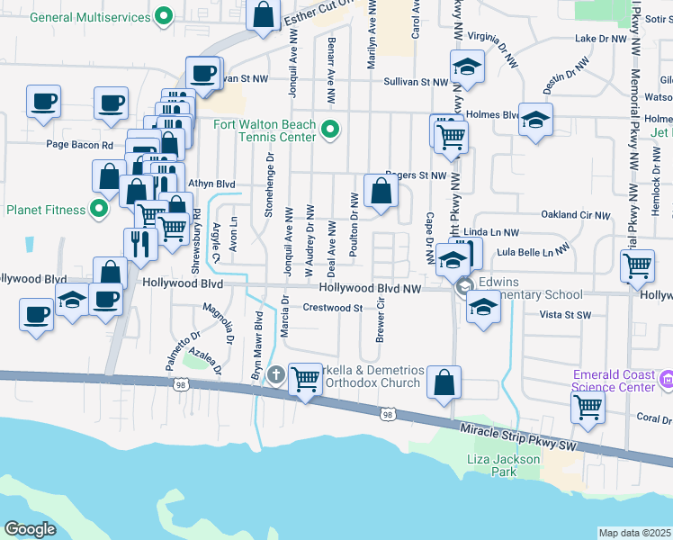 map of restaurants, bars, coffee shops, grocery stores, and more near 3 Deal Avenue Northwest in Fort Walton Beach