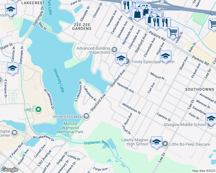 map of restaurants, bars, coffee shops, grocery stores, and more near 1560 Stanford Avenue in Baton Rouge