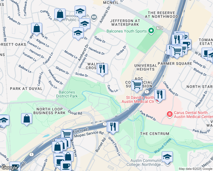 map of restaurants, bars, coffee shops, grocery stores, and more near 3211 Canter Lane in Austin