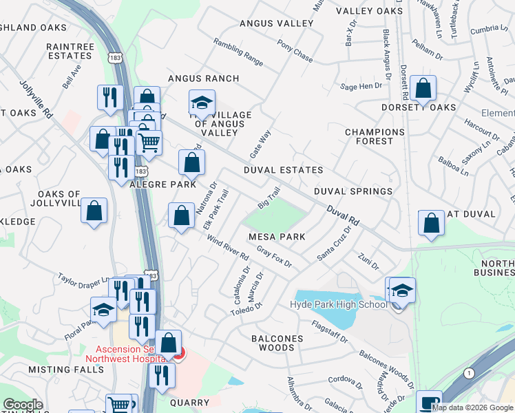 map of restaurants, bars, coffee shops, grocery stores, and more near 11708 Big Trail in Austin
