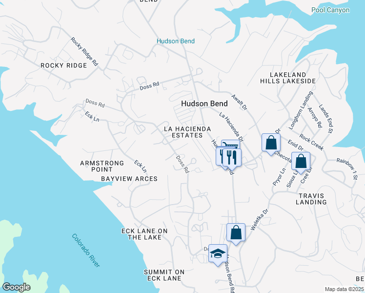 map of restaurants, bars, coffee shops, grocery stores, and more near Doss Road in Austin