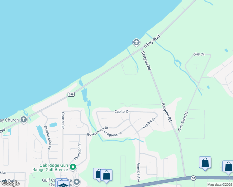 map of restaurants, bars, coffee shops, grocery stores, and more near 5903 East Bay Boulevard in Gulf Breeze