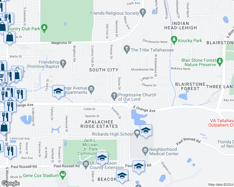 map of restaurants, bars, coffee shops, grocery stores, and more near 2414 Dozier Drive in Tallahassee