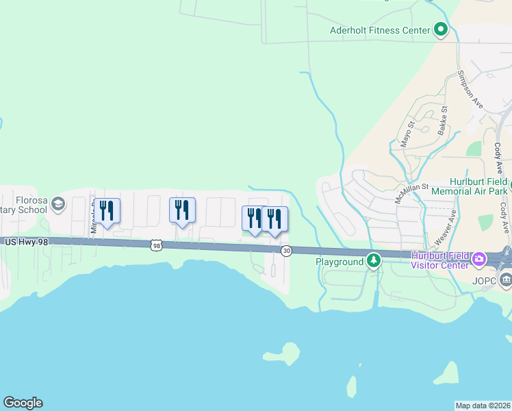 map of restaurants, bars, coffee shops, grocery stores, and more near 600 Drakes Landing in Mary Esther