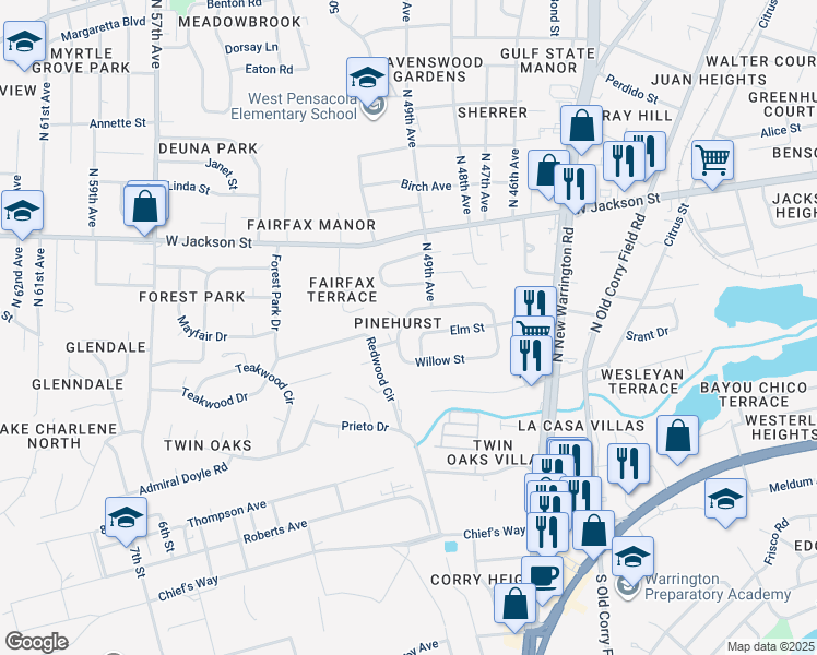 map of restaurants, bars, coffee shops, grocery stores, and more near 273 Chestnut St in Pensacola
