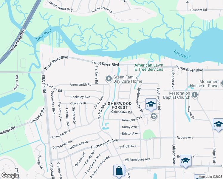map of restaurants, bars, coffee shops, grocery stores, and more near 9803 Norfolk Boulevard in Jacksonville