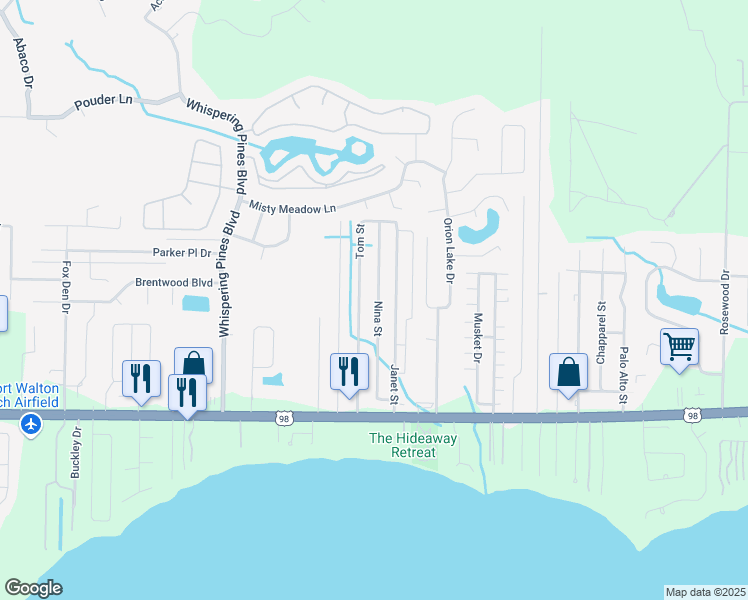 map of restaurants, bars, coffee shops, grocery stores, and more near 2213 Nina Street in Navarre