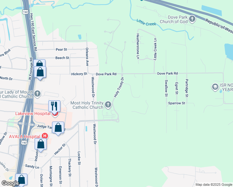 map of restaurants, bars, coffee shops, grocery stores, and more near 601 Holy Trinity Drive in Mandeville