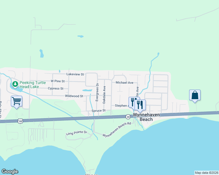 map of restaurants, bars, coffee shops, grocery stores, and more near 313 Woodland Avenue in Mary Esther