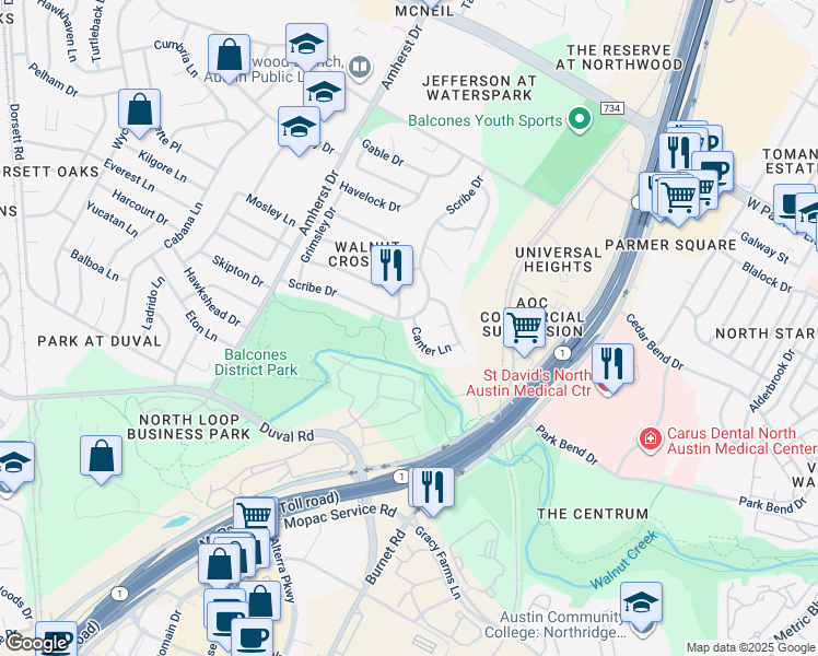 map of restaurants, bars, coffee shops, grocery stores, and more near 3211 Canter Lane in Austin