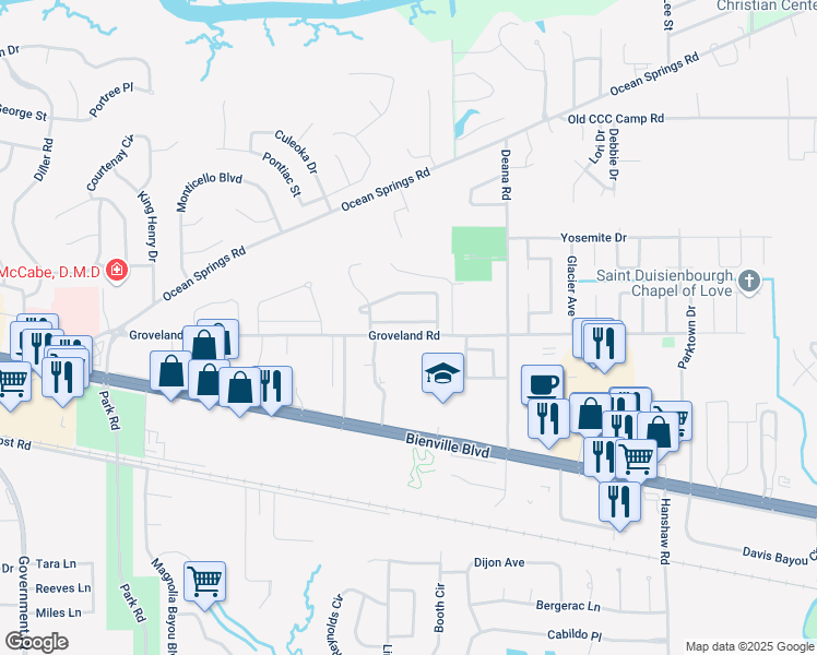 map of restaurants, bars, coffee shops, grocery stores, and more near 4114 Silverwood Drive in Ocean Springs
