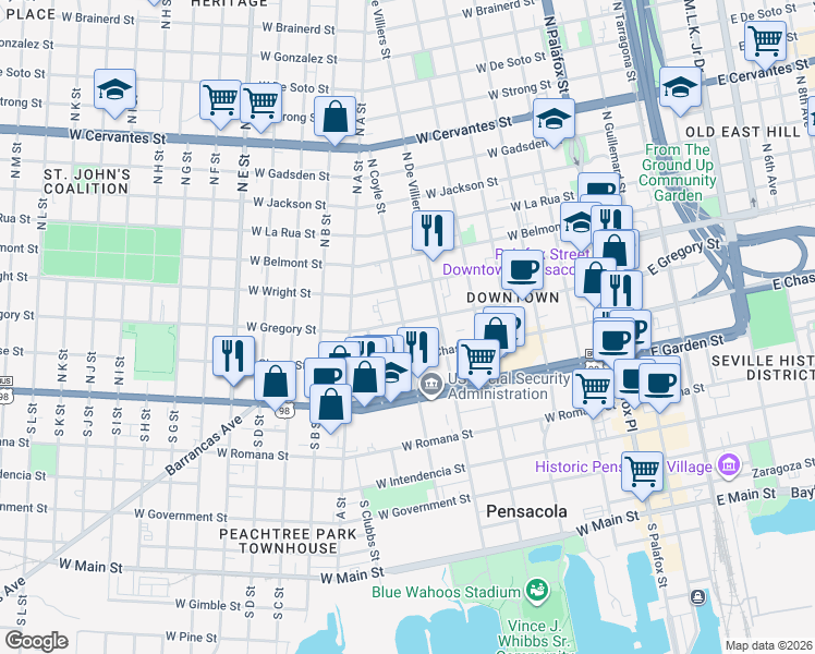 map of restaurants, bars, coffee shops, grocery stores, and more near 521 West Gregory Street in Pensacola