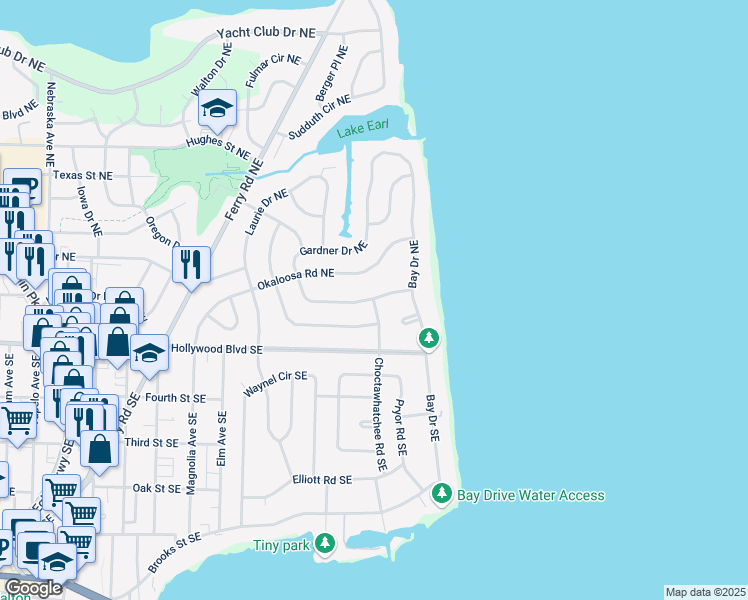 map of restaurants, bars, coffee shops, grocery stores, and more near 35 Choctawhatchee Road Northeast in Fort Walton Beach