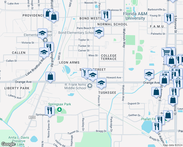 map of restaurants, bars, coffee shops, grocery stores, and more near 2614 Saxon Street in Tallahassee