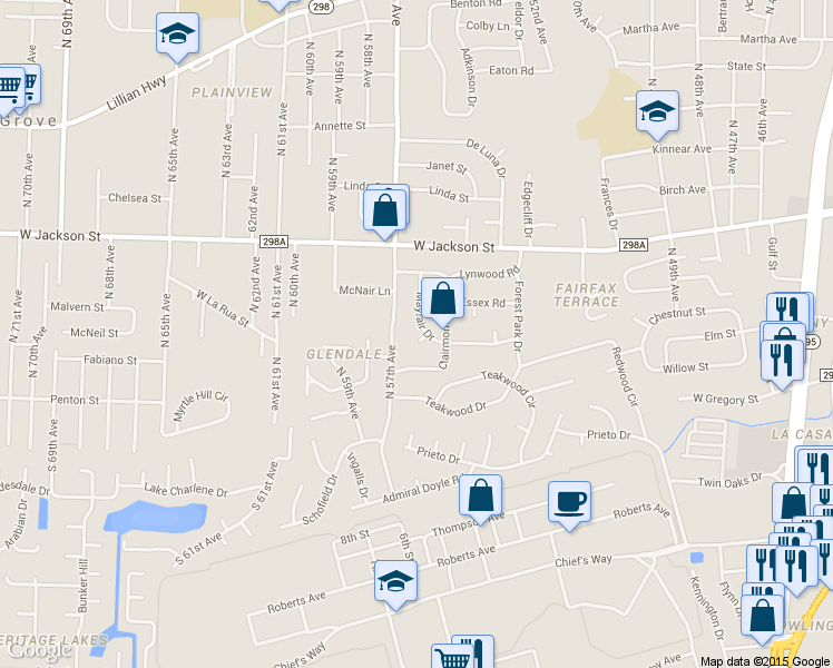 map of restaurants, bars, coffee shops, grocery stores, and more near 5541 Mayfair Circle in Pensacola