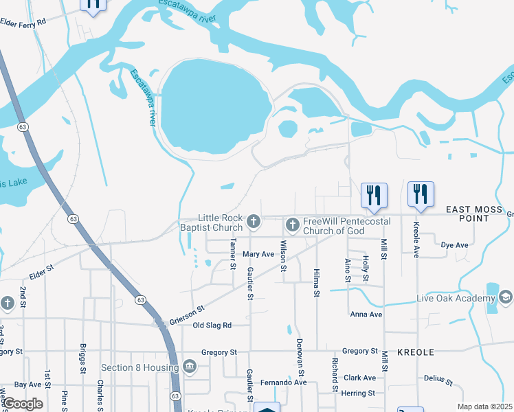 map of restaurants, bars, coffee shops, grocery stores, and more near 5013 Pecan Street in Moss Point