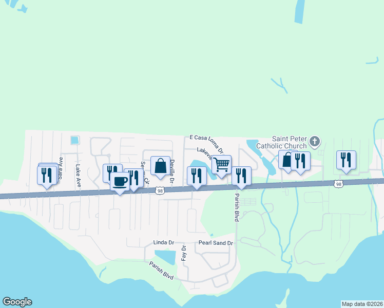 map of restaurants, bars, coffee shops, grocery stores, and more near 13 West Casa Loma Drive in Mary Esther