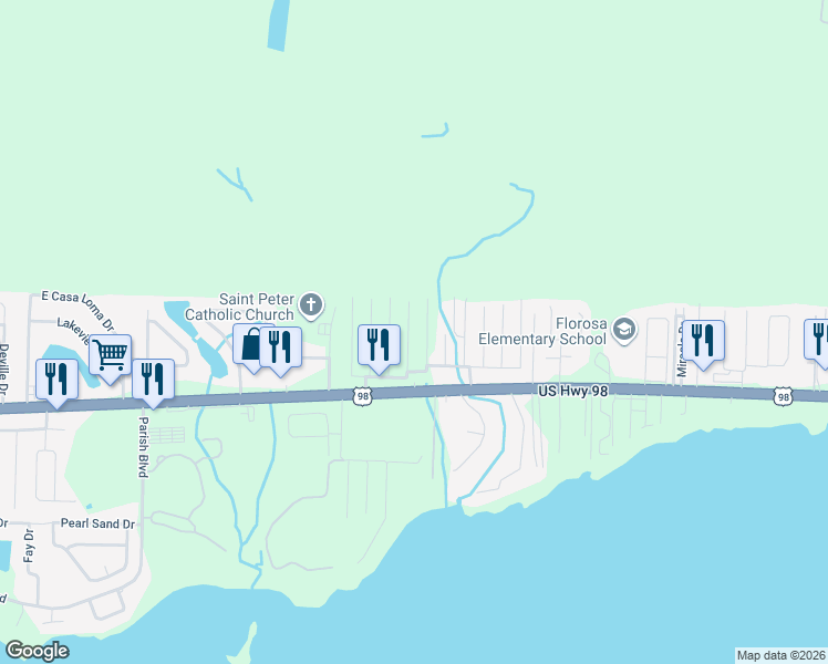 map of restaurants, bars, coffee shops, grocery stores, and more near 414 Little John Road in Mary Esther