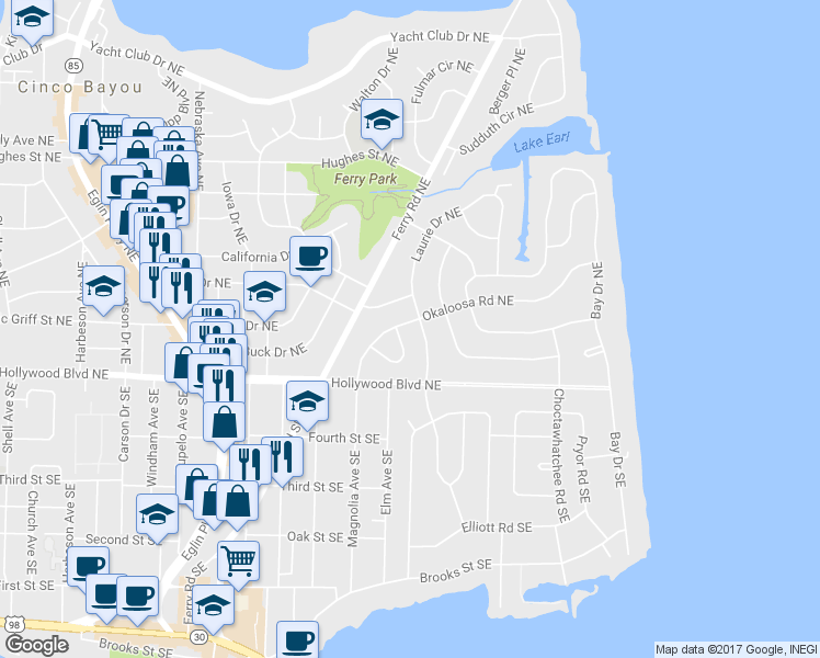 map of restaurants, bars, coffee shops, grocery stores, and more near 326 Okaloosa Road Northeast in Fort Walton Beach