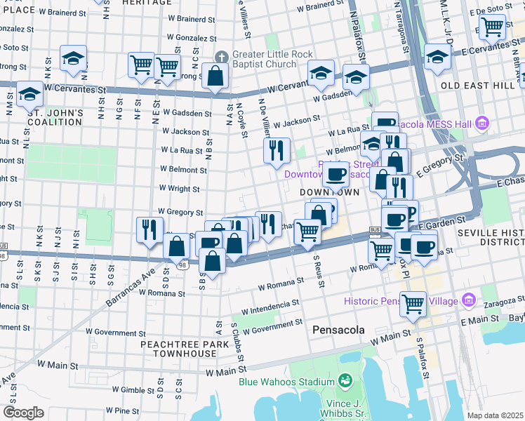 map of restaurants, bars, coffee shops, grocery stores, and more near 525 West Gregory Street in Pensacola