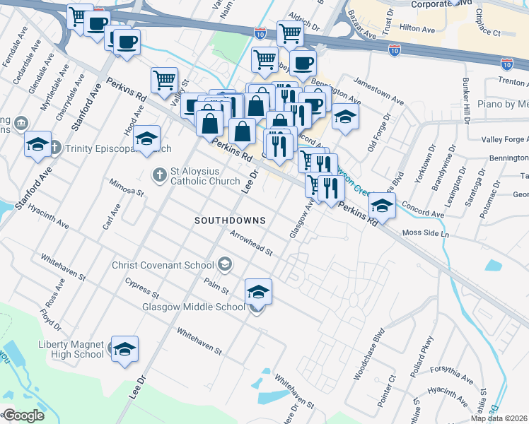 map of restaurants, bars, coffee shops, grocery stores, and more near 4638 Tupello Street in Baton Rouge